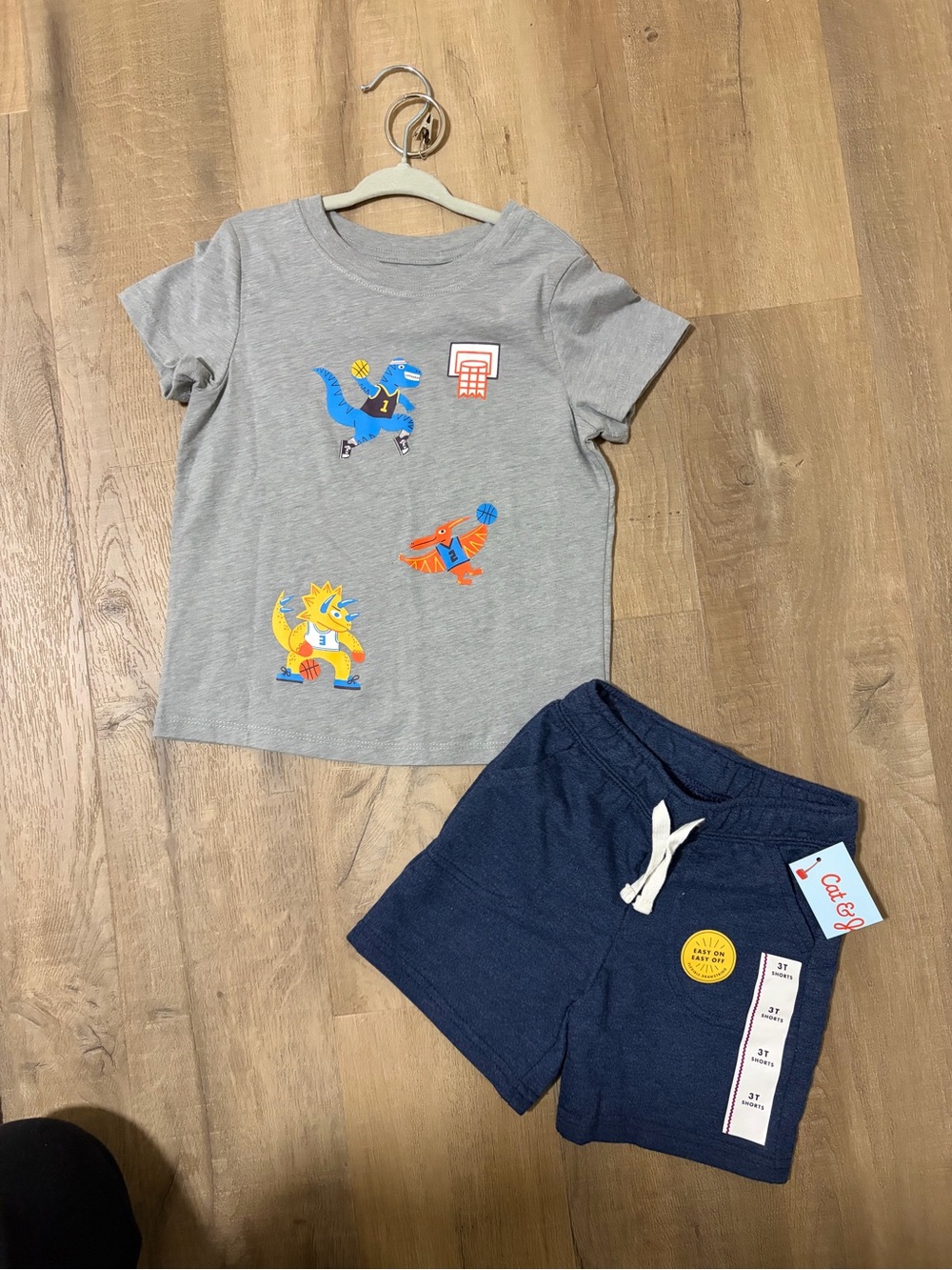 Cat & Jack Gray Dino Basketball Tee with Navy Shorts